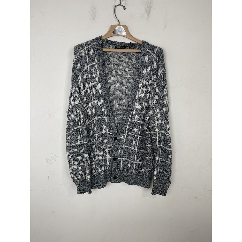 Peter England Mens Cardigan Medium Gray V Neck Dad Grandpa Chunky Knit Sweater